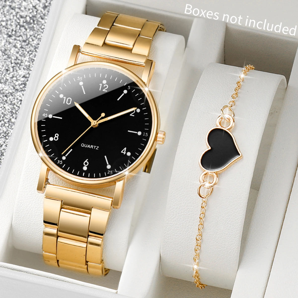4Pcs Women’s Gold Quartz Watch Set, Minimalist Round Dial Steel Band Wrist Watch with Heart Pendant Bracelet Jewelry Gift Kit Qme 2PCS Black No Box