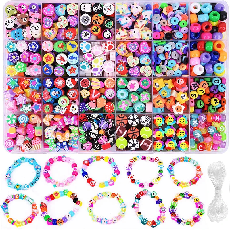 Polymer Clay Beads Kit 24 Styles Cute Fun Clay Beads Flower Butterfly Heart Letter Pony Beads for Bracelet Necklace Making DIY Qme 700PCS