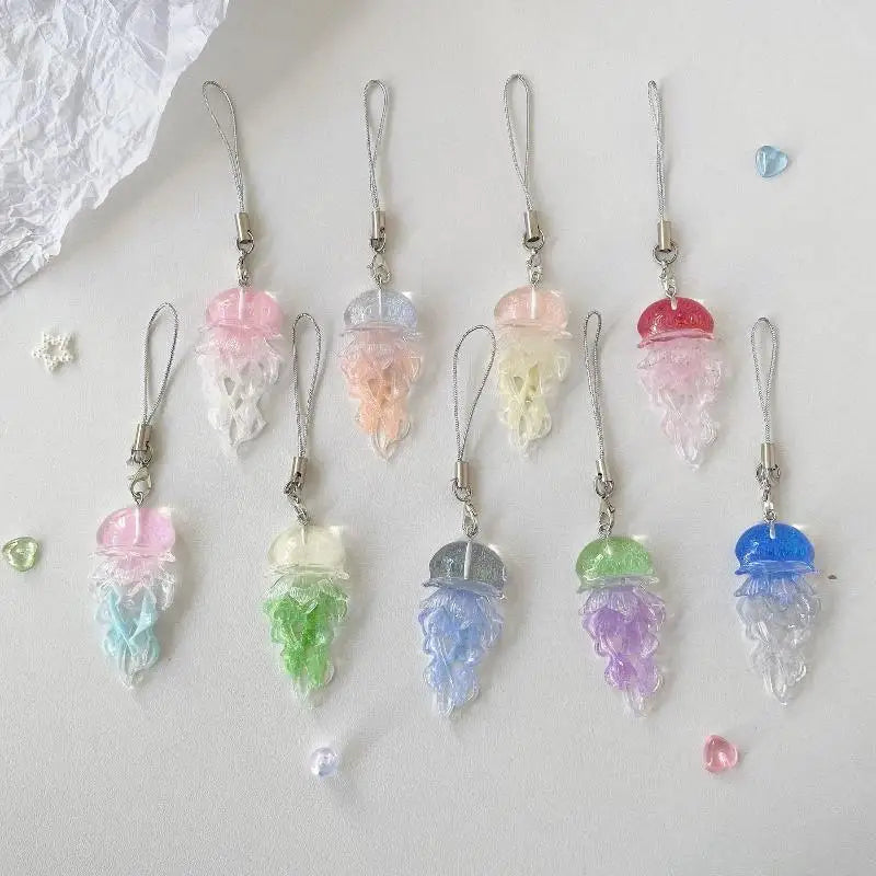 Creative Jelly Color Jellyfish Charm Keychain Y2K Beaded Pendant Phone Chain Car Hanging Decoration Bag Pendants Ornament Gifts Qme