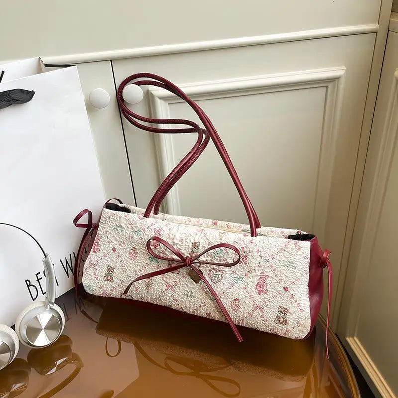 Sweet Bow Shoulder Bag Cartoon Print Underarm Bag Female Tote Bag Versatile Large Capacity Commuter Handbag Holiday Gift Qme