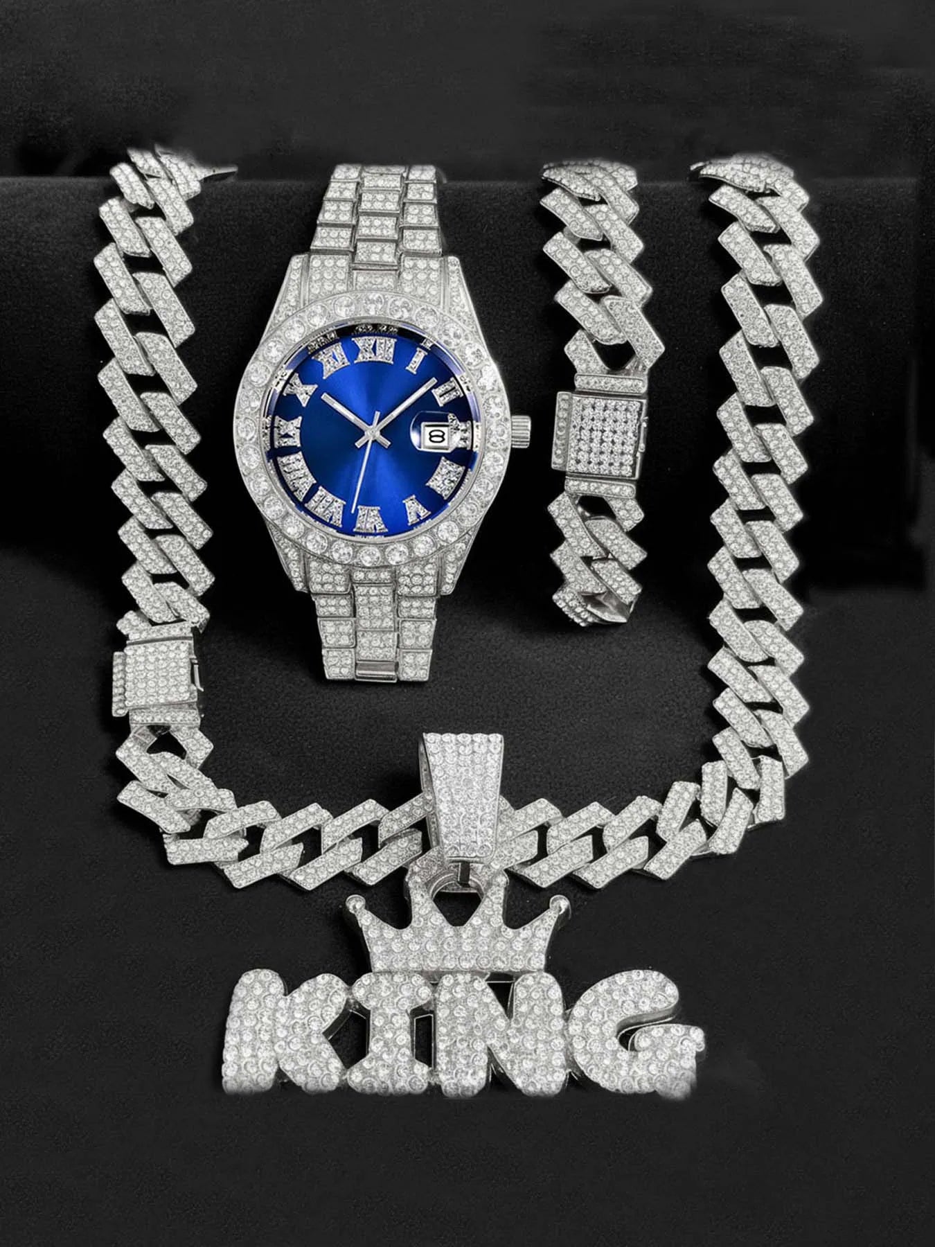 Men's Bling Jewelry Set: Gold Iced Out Watch + Cuban Link Chain + Bracelet + "KING" Crown Pendant Necklace, 3Pcs Hip Hop Set Qme Multicolor