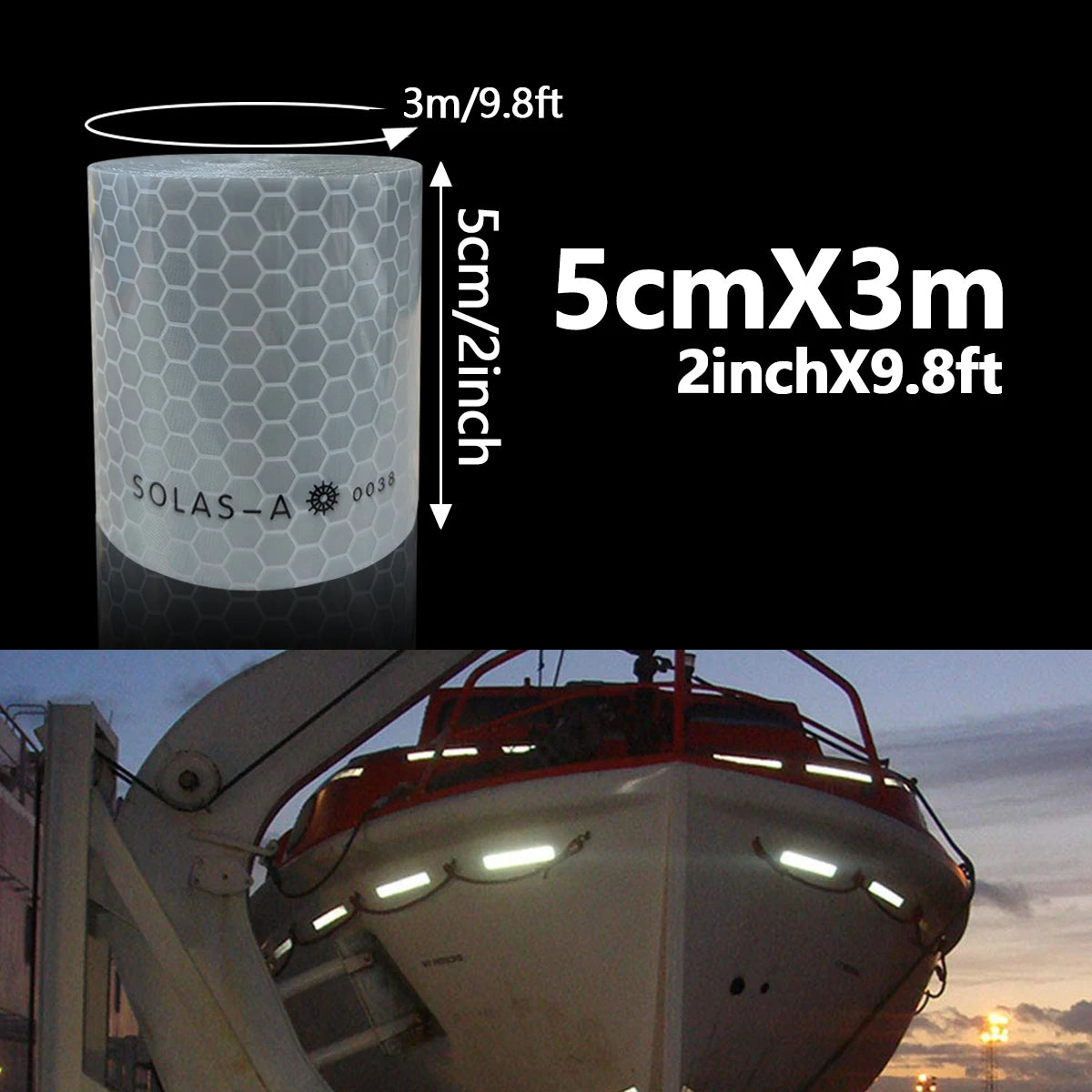 Maritime Film SOLAS Grade Reflective Tape for Ships, Eye-Catching Safety Warning, Silver White Waterproof Super Reflective Qme Length 3m 5cm