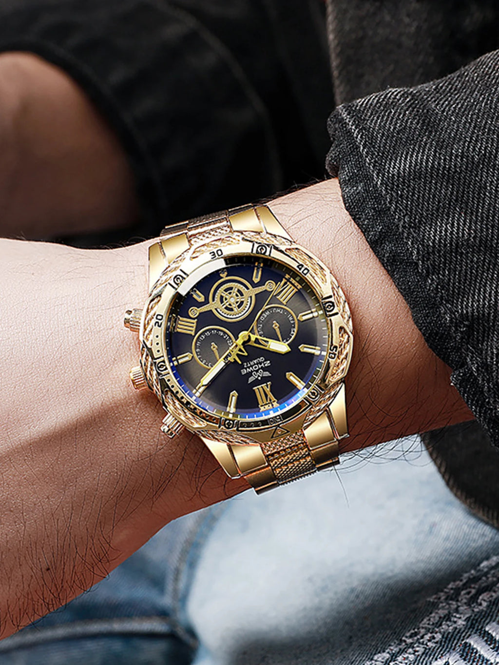 New Fashion Men's Versatile Round Dial Steel Bracelet Quartz Watch Chain Bracelet Necklace Set Exquisite Atmosphere Holiday g Qme