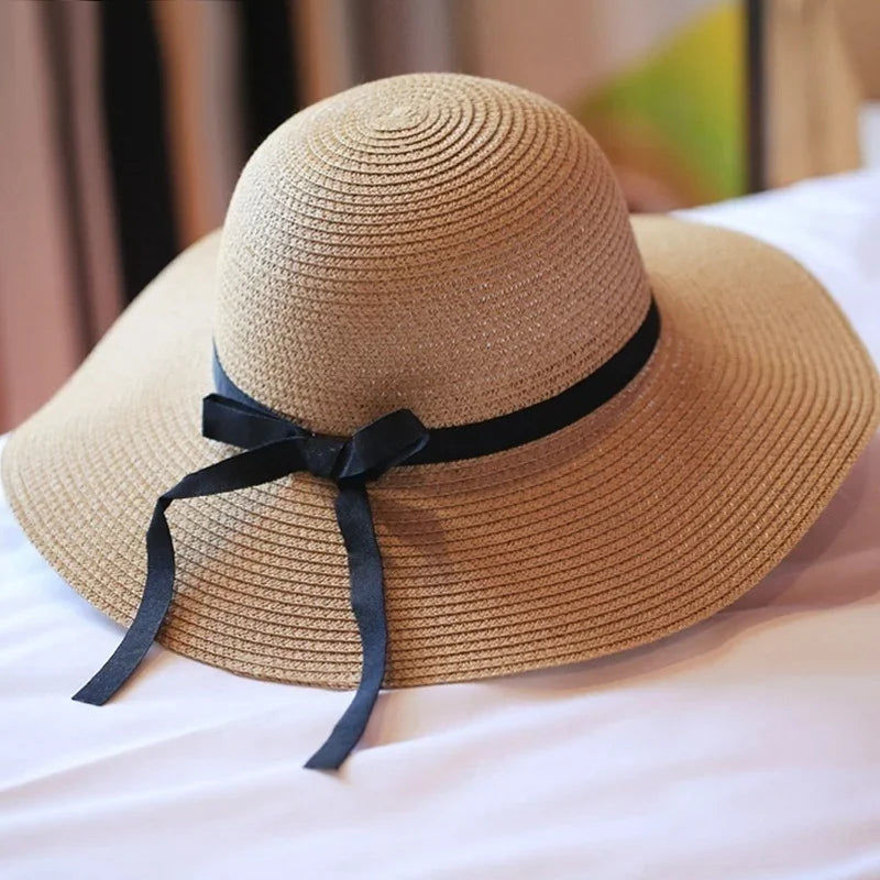 Women Summer Straw Hat Foldable Wide Brim Sun Protection Beach Korean Qme A