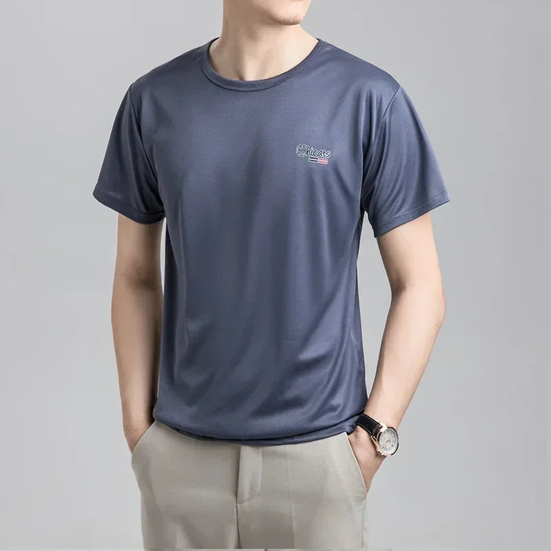 Summer Ice Silk T-shirt Men's Cold Short Sleeve O-neck Stretch Quick-drying Breathable Sports Shirt T Shirt Men Qme GY M