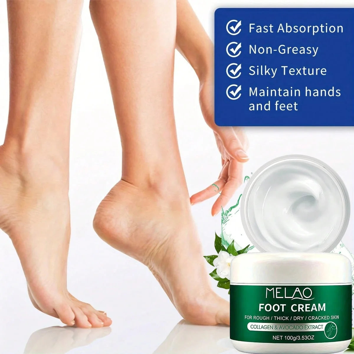 MELAO Collagen Foot Cream for Cracked Heels & Dead Skin - Avocado Extract Formula Repairs Dry Feet, Softens Rough Skin Qme