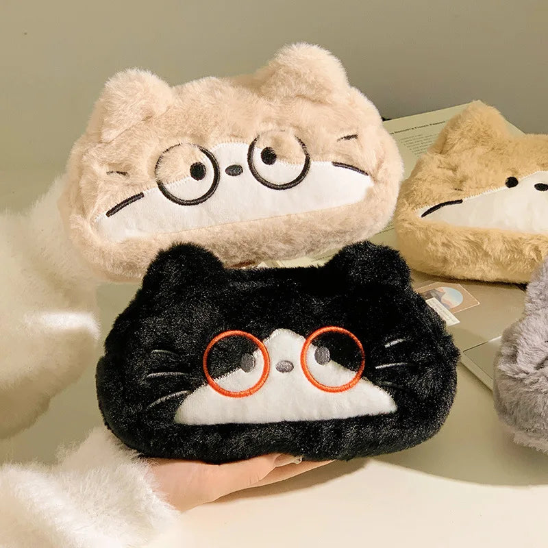 Cute Cartoon Embroidered Plush Cat Printed Pencil Case Student Qme