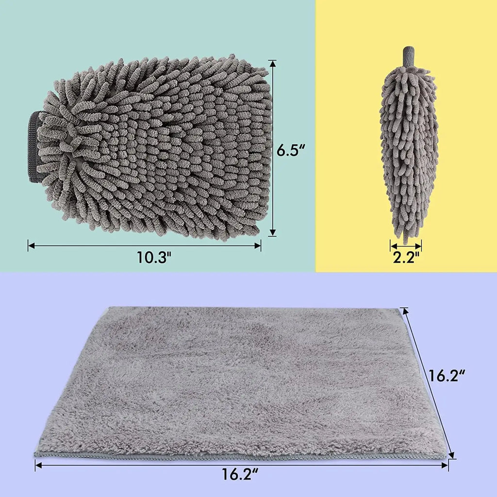 Large Size Car Wash Mitt-Premium Chenille Microfiber Wash Glove and Microfiber Towels - Lint Free（2 Towels+2 Mitts）Grey Qme