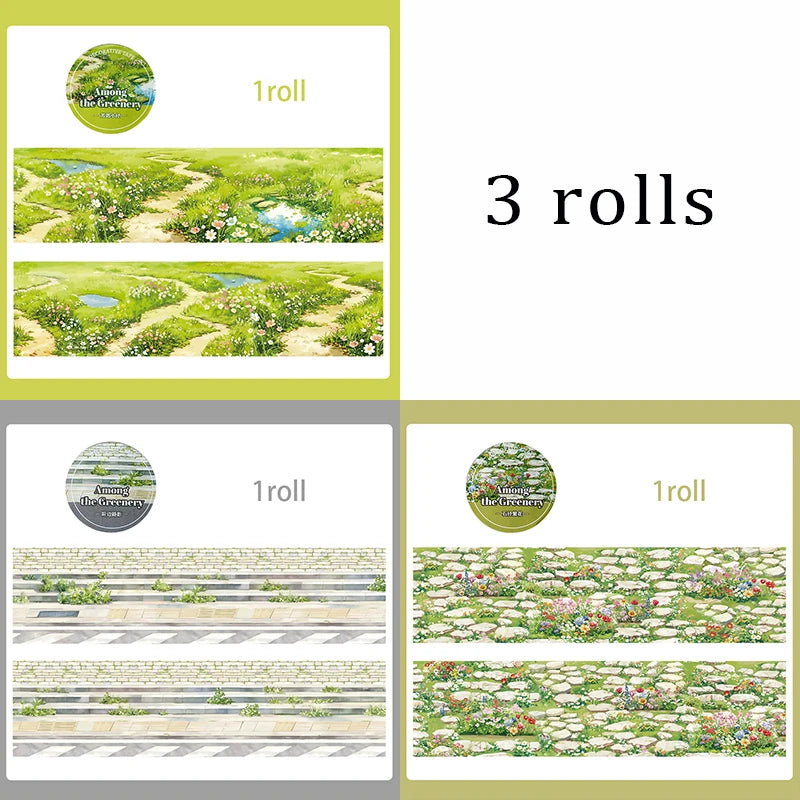 Spring & Summer Green Scenery Decorative Washi Tape Fresh Forest Landscape Tape, Junk Journals, and Polaroid Embellishment. Qme 3 rolls -b