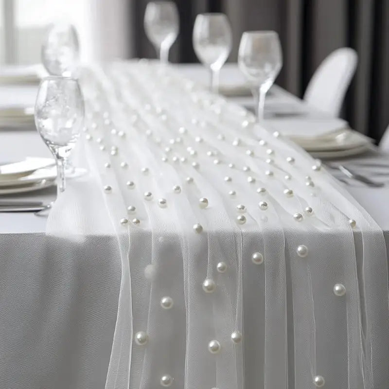 80x200cm Pearl Gauze Decorative Table Flag Beaded Net Gauze Wedding Table Flag Curtain Party Tablecloth Background Decoration Qme