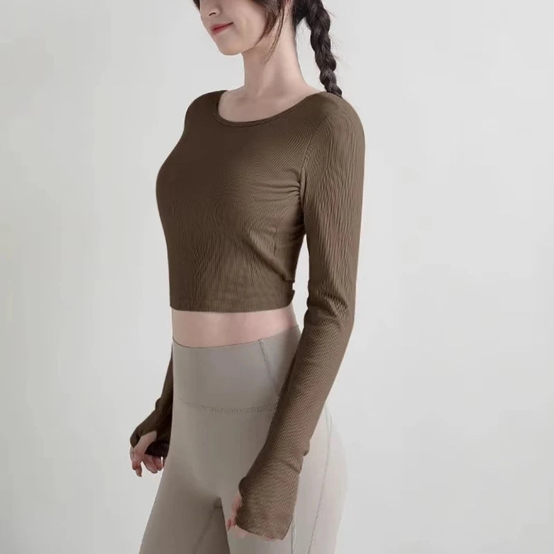 Popular Autumn Long-sleeved Yoga Wear Fitness Cross Back Fixed Chest Qme