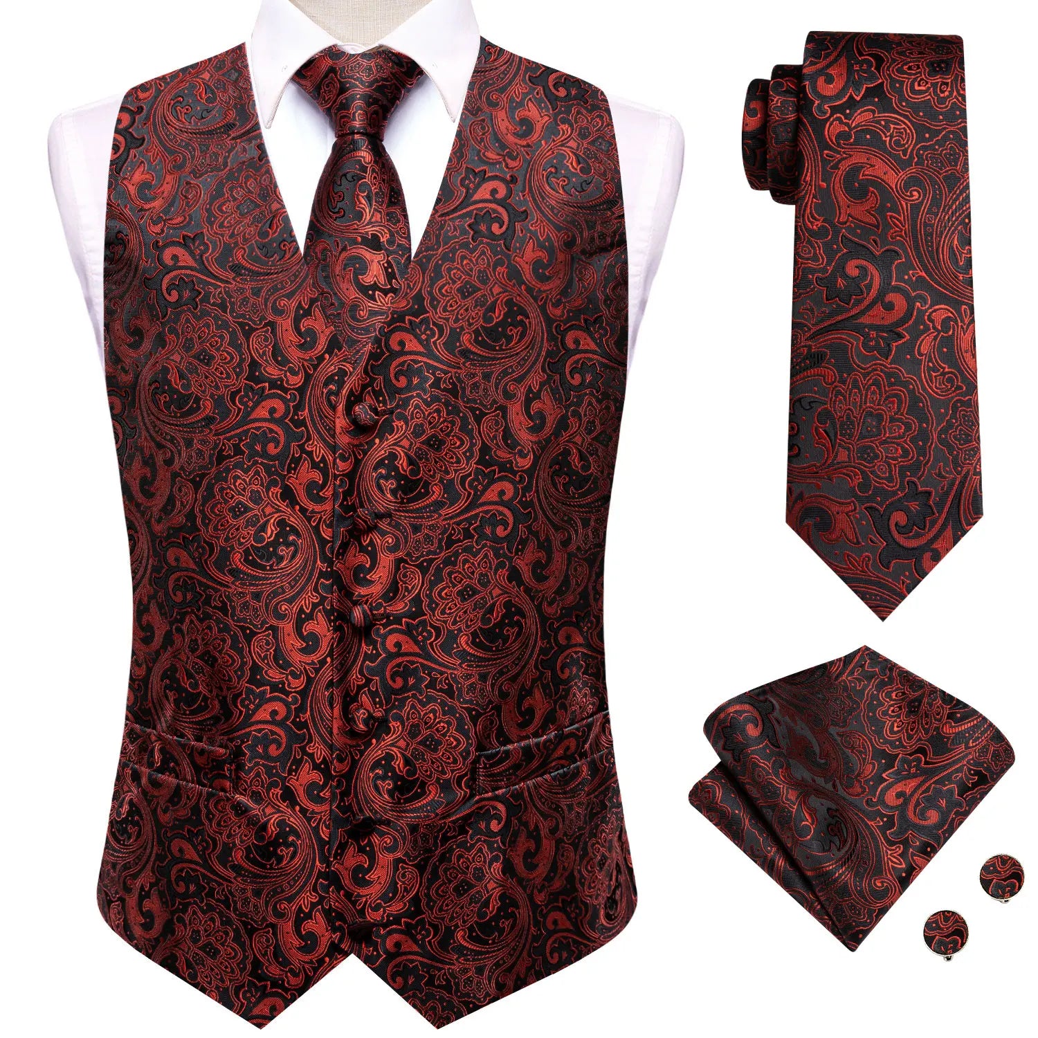 Men's Black Golden Brown Mint Wine Floral Vest & Tie Hanky Cufflinks Set – Formal Waistcoat for Weddings Events Party Gift Qme MJTZ3204 L