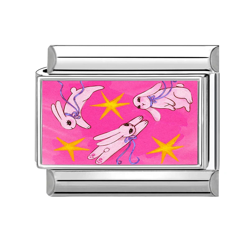 Y2K Plum Blossom Pink Black UFO Cute Flower Cat Italian Charm Link Fit 9mm Stainless Steel Module Women's Bracelet MakingJewelry Qme S 22
