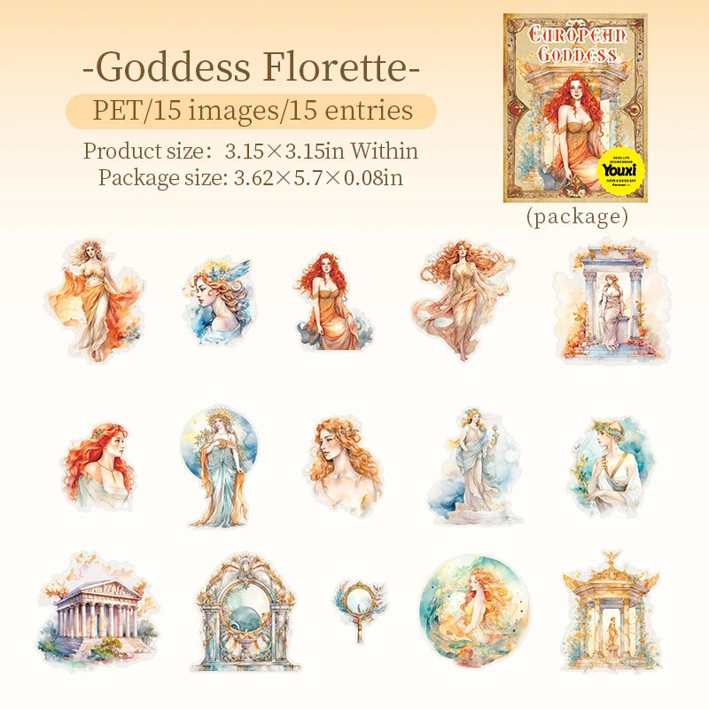European Goddess Mythology Theme PET Stickers 15 Sheets for Scrapbooking Journal DIY Decoration Collage Diary Qme 1