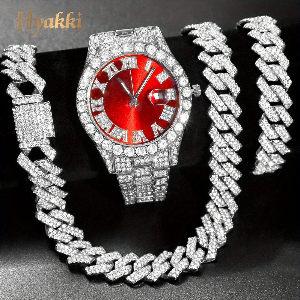 Fashion Rhinestone Wrist Watch & Hip Hop 14MM Prong Cuban Chain & Rapper Cuban Necklaces Set, Punk Party Gift Qme