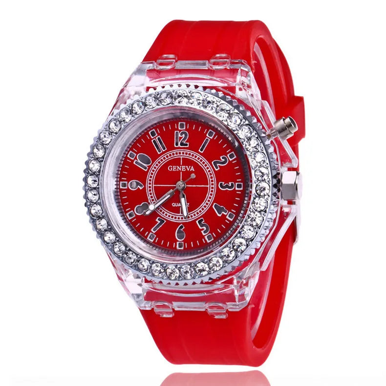 led Flash Luminous Watch Personality trends students lovers jellies woman men's watches 7 color light WristWatch bayan kol saati Qme red