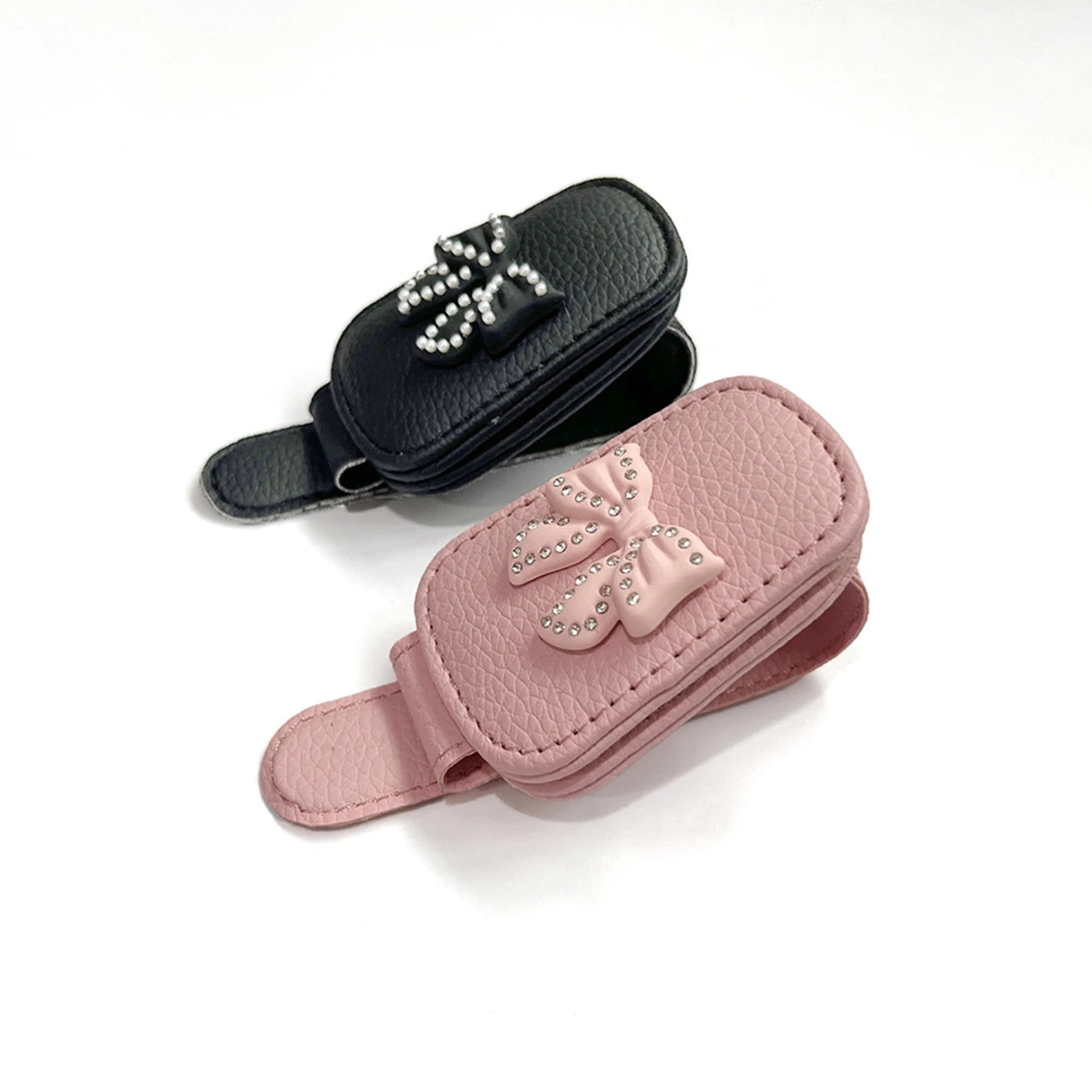 Car Sun Visor Glasses Clip Bow Tie Rhinestones Cute Pink Interior Qme