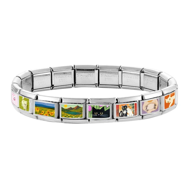 Wholesale Cartoon Green Grassland Cats Sunflowers Fields Italian Link Fit 9mm Stainless Steel Bracelet Making DIY Charm Jewelrys Qme