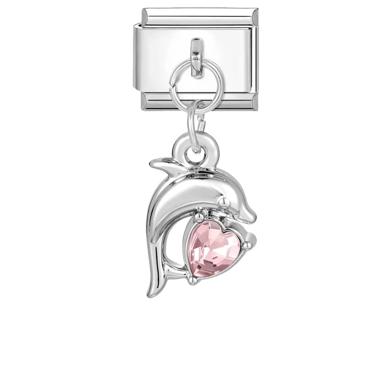 Colored Crystal Turtle Moon Heart Italian Charm Stainless Steel Link