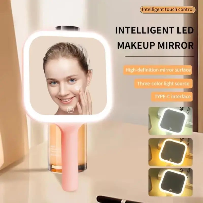 LED Smart Makeup Mirror Hand-held Carry 3 Colors Adjust Bright Touch Qme Pink