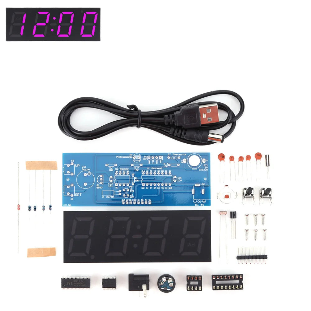 Colorful Digital Clock Electronic Kit Time Week Temp Date Display Electronical Clock Making Experiment Kit for Soldering Project Qme Pink