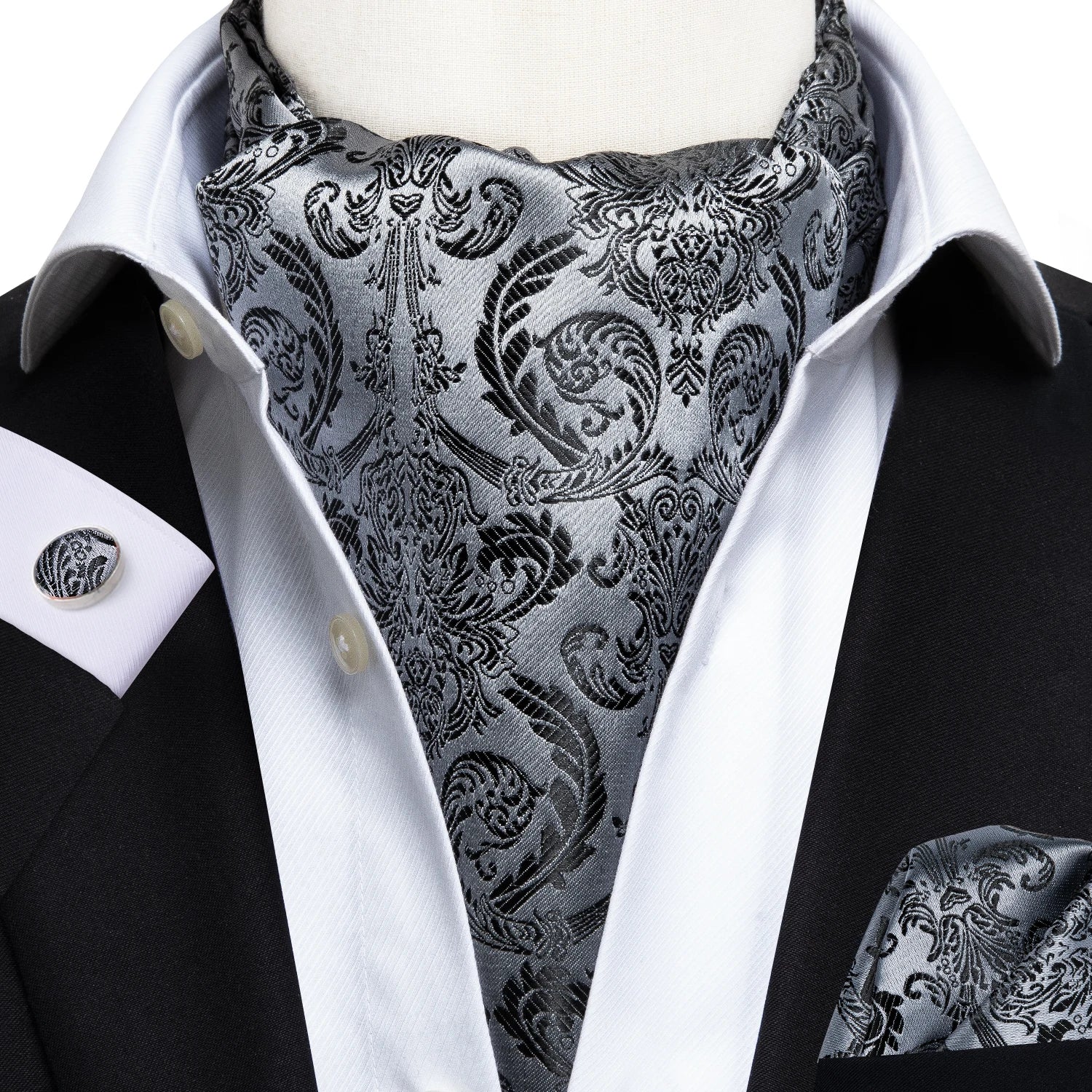 Hi-Tie Silk Mens Ascot Pocket Square Cufflinks Set Jacquard Paisley Floral Vintage Cravat Tie for Male Red Blue Green Gold Pink Qme AS-1021