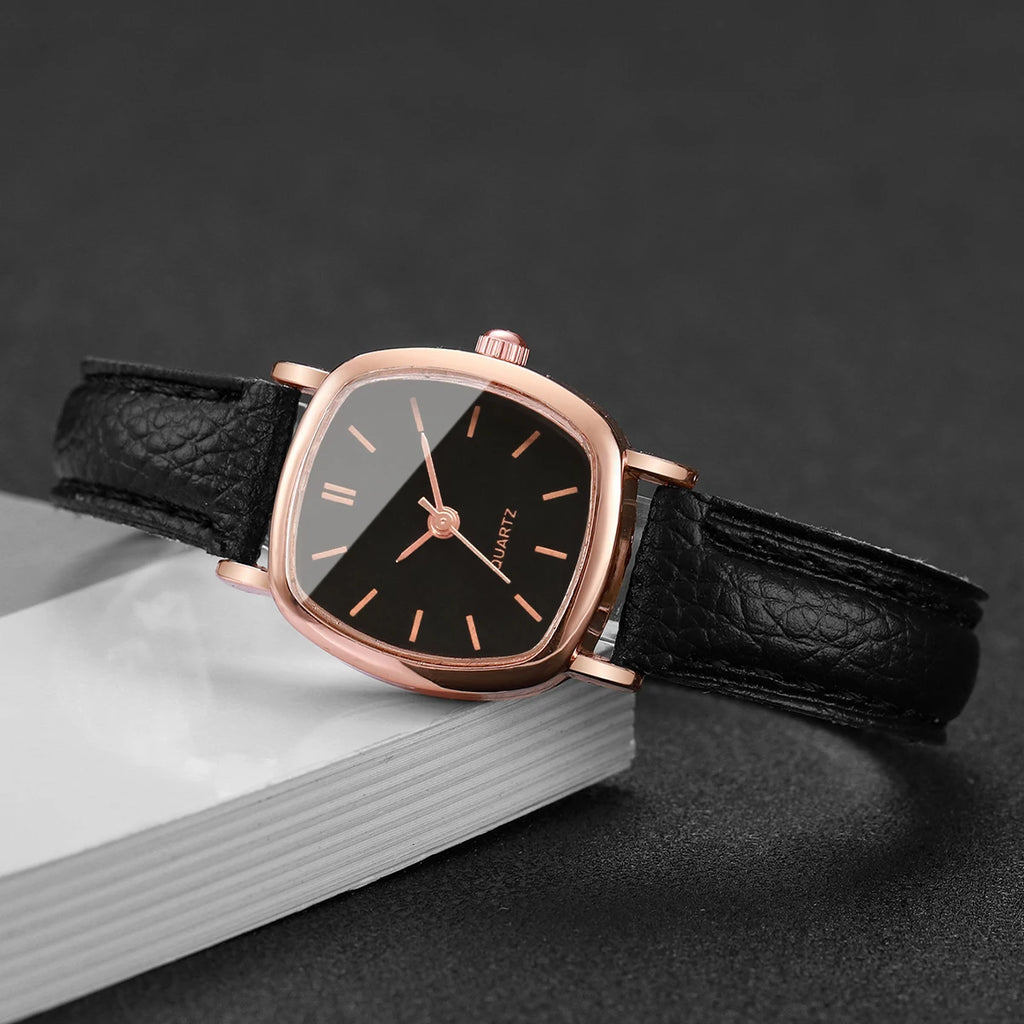 Women's Minimalist Square Quartz Watch, Rose Gold Tone Case with Brown Leather Strap, Casual Fashion Accessory Qme