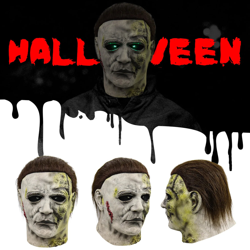 Terror Halloween Michael Myers Masks With LED Glow Horror Latex Full Head Headgear Scary Face Cover Masquerade Party Supplies Qme