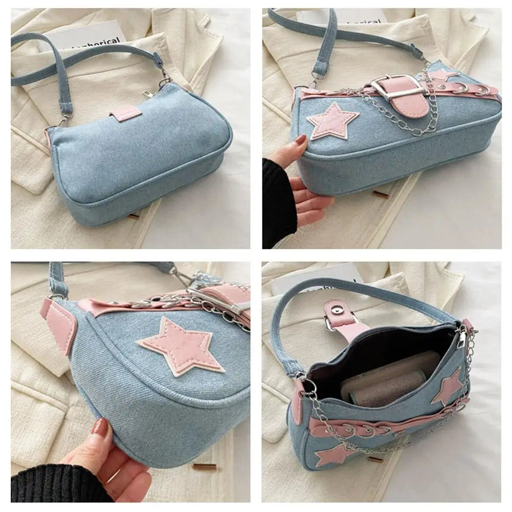Fashion Women's Handbags Denim Stars Pattern Cool Girls Underarm Bag Female Small Shoulder Hobo Bags Chain Tote Bag Qme