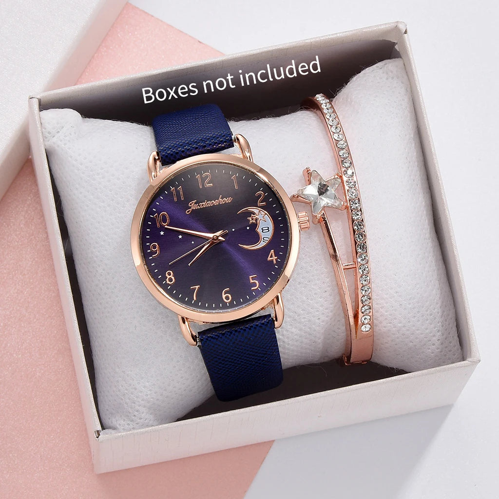 2PCS Fashion Moon Dial Women Quartz Watch Bracelet Set Casual Leather Strap Ladies Wristwatch Reloj Mujer（Without Box） Qme Blue No Box