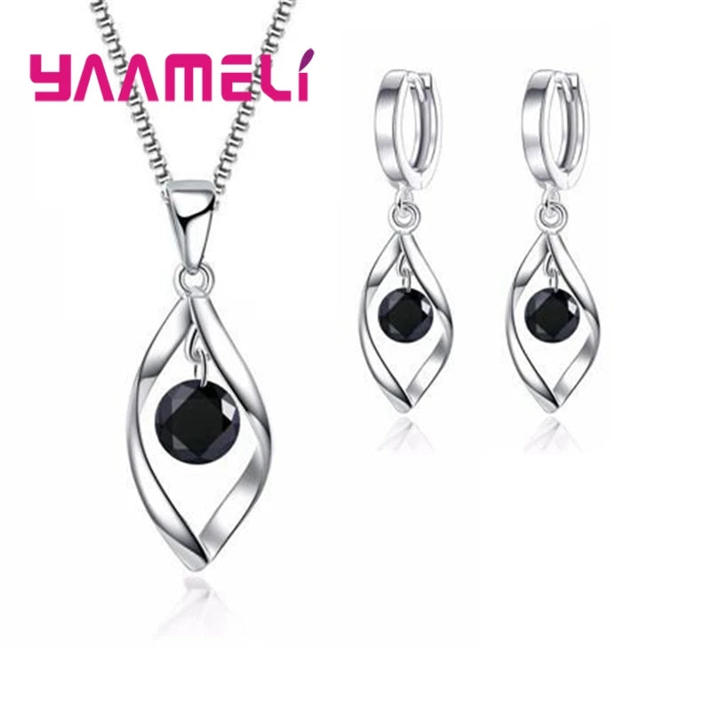 CZ Necklace Earring Bridal Jewelry Sets Wholesale S925 Sterling Silver Color Shining Cubic Zircon Water Drop Wedding Engagement Qme Black