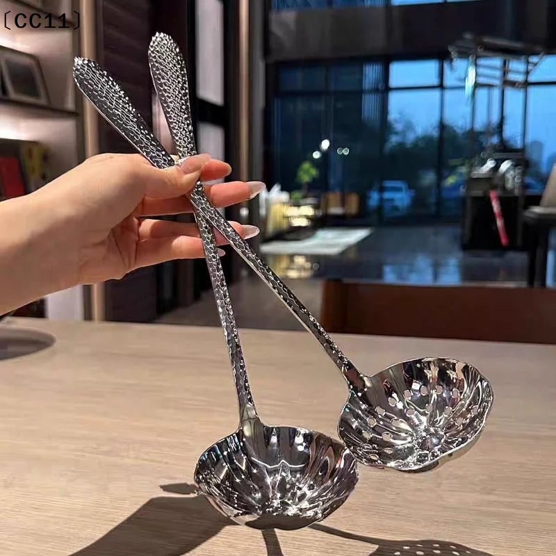 Stainless Steel Spoon Long Handle Soup Spoons Pot Scoops Colander Qme