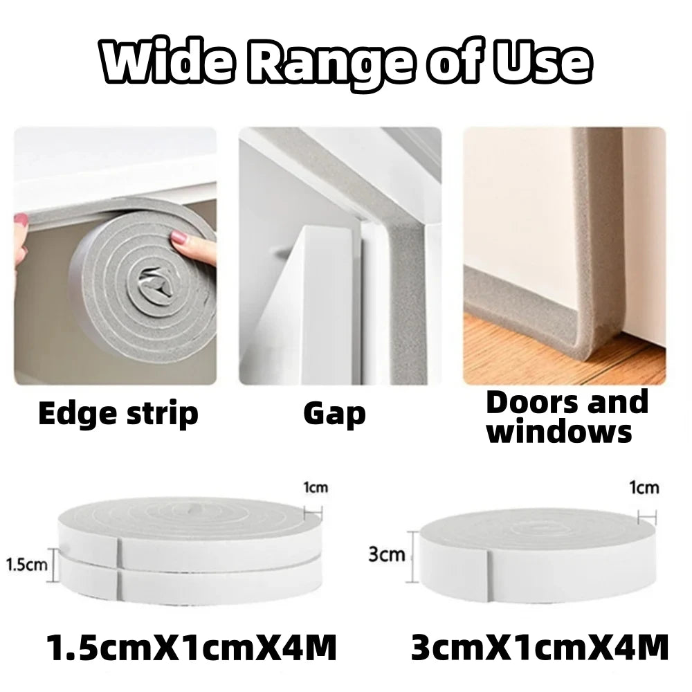 4M Foam Self-adhesive Door Window Sealing Strip Wearable Sliding Dustproof Sponge Strip Soundproof Home Insulation sealing tape Qme