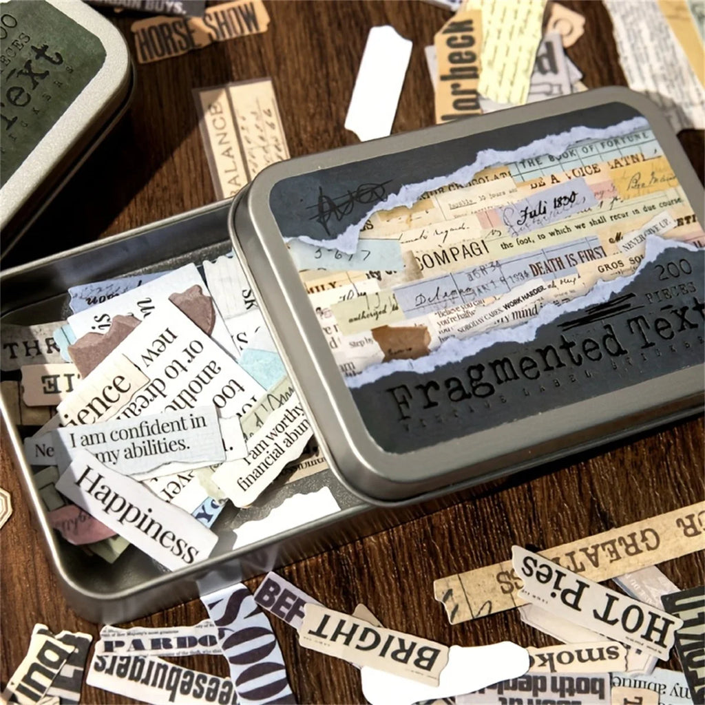 Iron Box Stickers 200pcs/bag Art Text Fragments Vintage Stickers DIY & Scrapbook Journal Decor Iron Box Stickers Qme