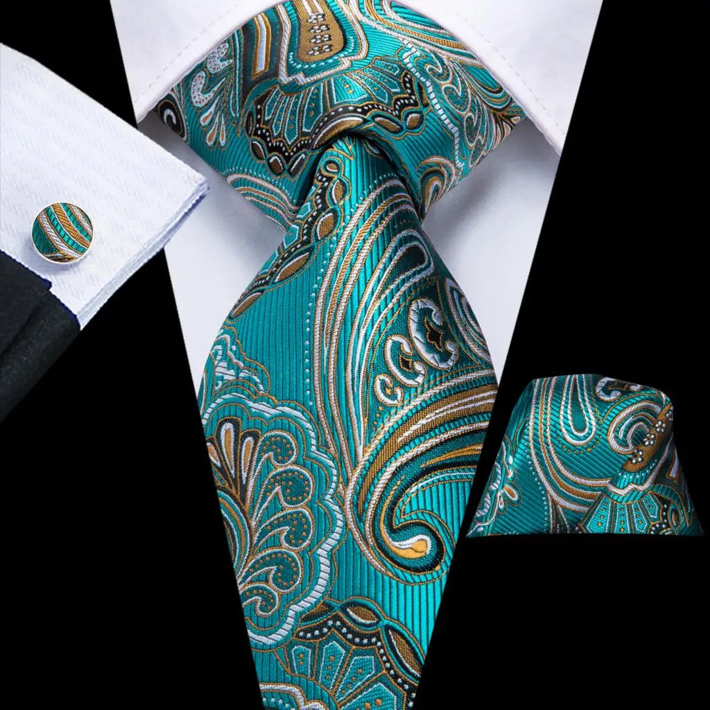 Hi-tie Men Fashion Paisley Sage Green Necktie Handkerchief Cufflinks