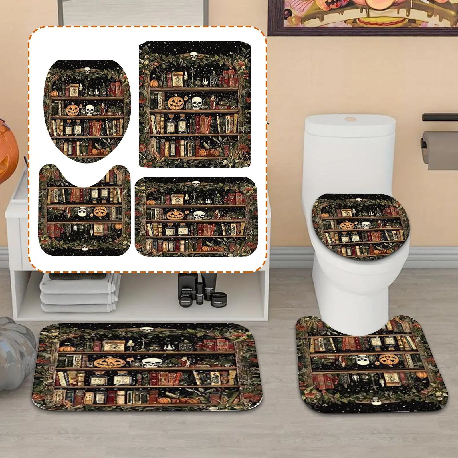 Halloween Bathroom Shower Curtains Non Slip Skull Rugs Toilet Lid Qme