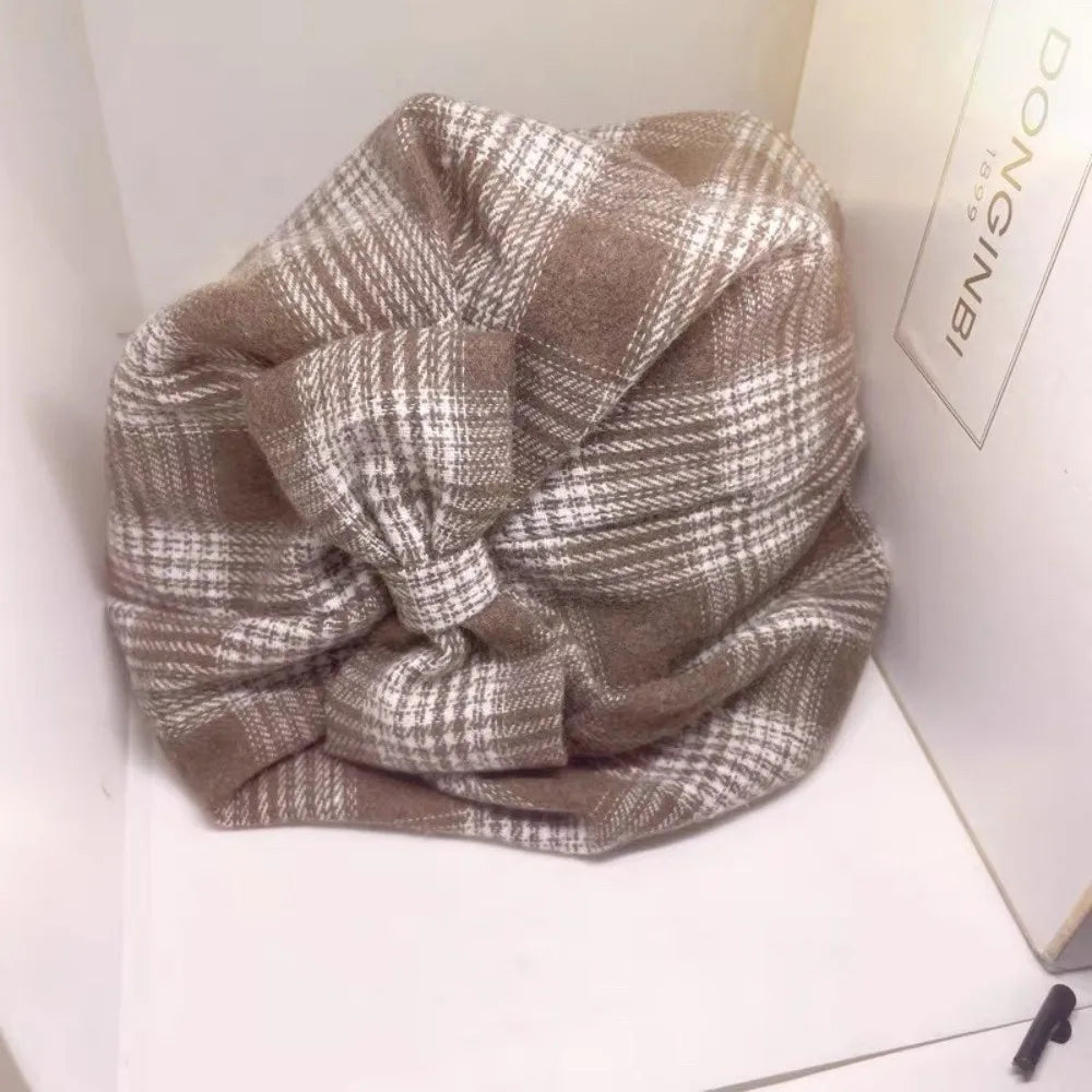 Retro Vintage Half-cap Headband Elegant Checkered Bowknot Headwear Qme