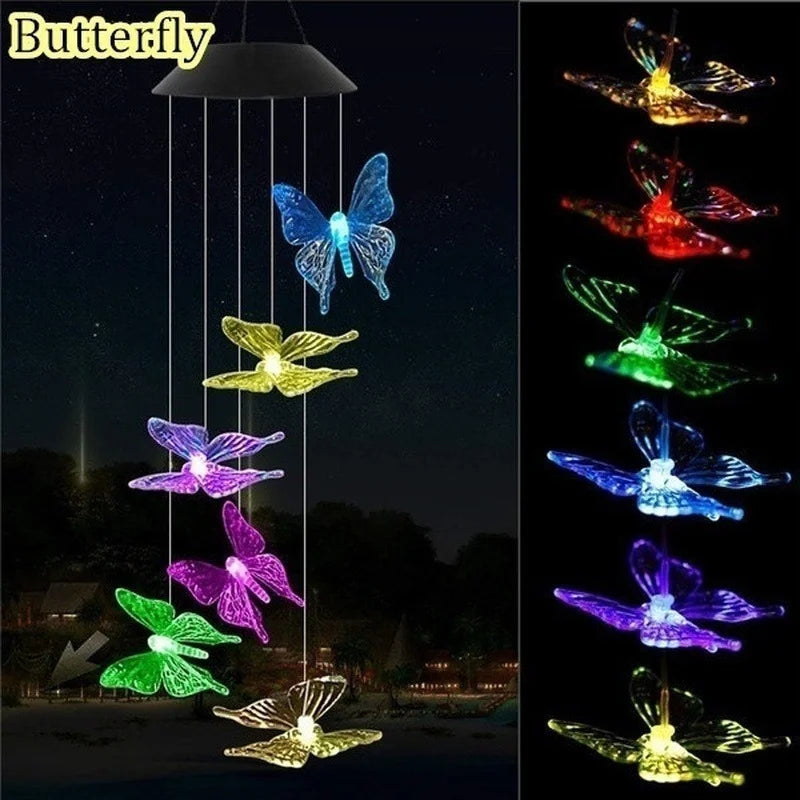 LED Solar Wind Chime Crystal Ball Hummingbird Light Changing Qme Butterfly