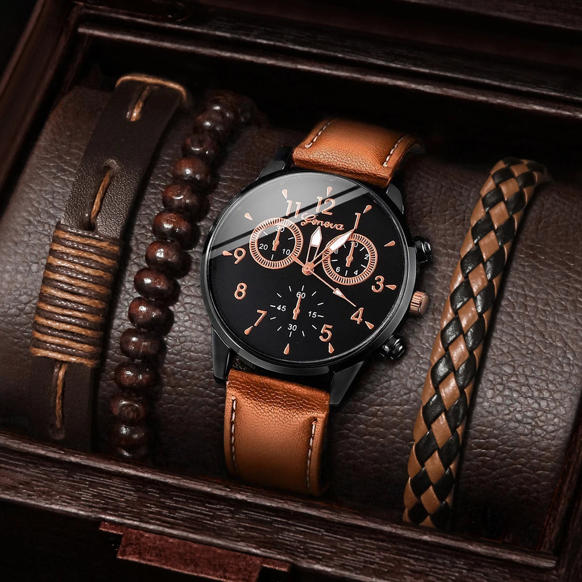 4 Pcs/Set Fashion Men's Casual Watches Men's Leather Bracelet Quartz Watch Man Present Bracelets Set (Without Box) Qme 1