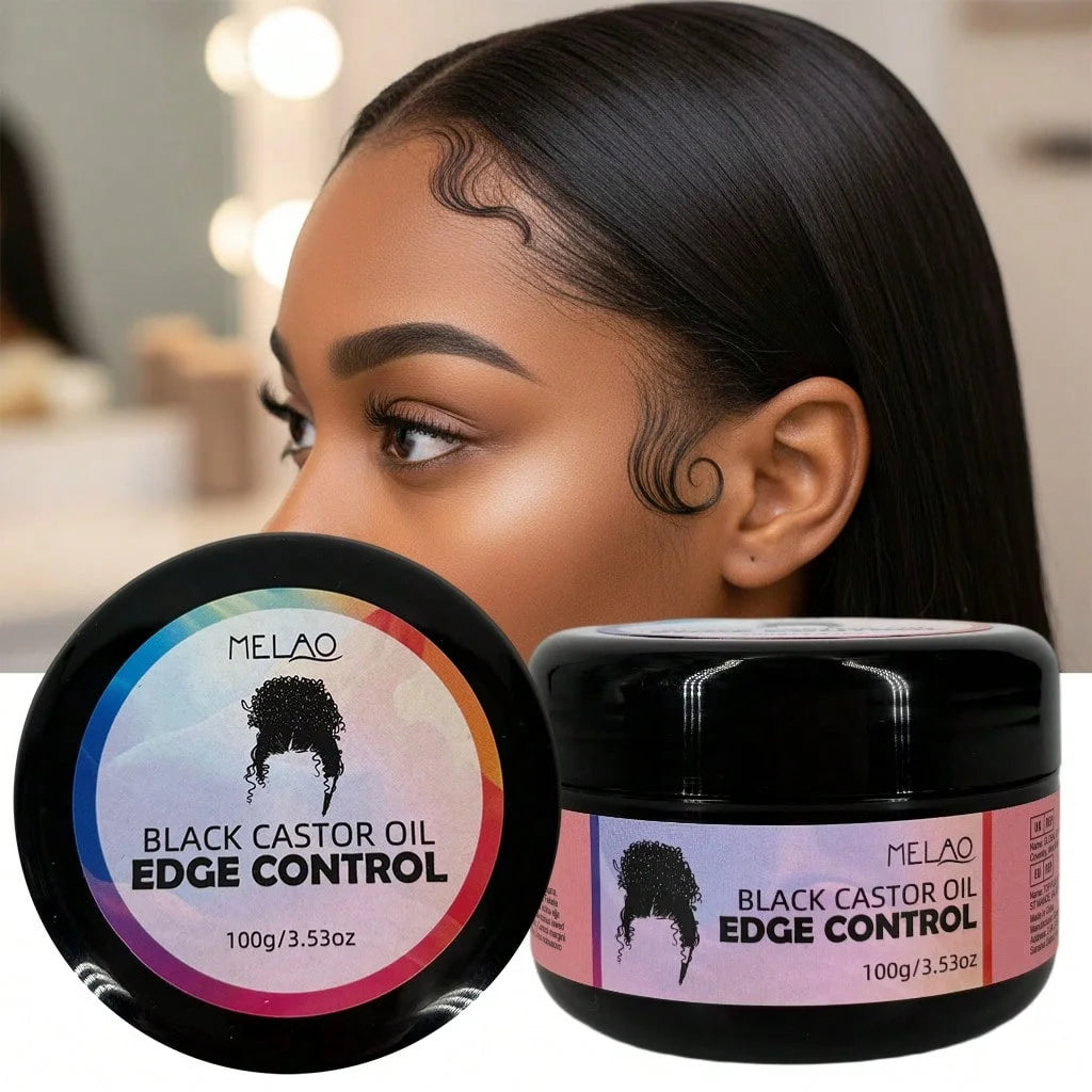 Black Castor Oil Edge Control, MELAO Strong Hold Edge Control Gel, for Natural & Textured Hair, Defines Hairline, Smoothes Holds Qme