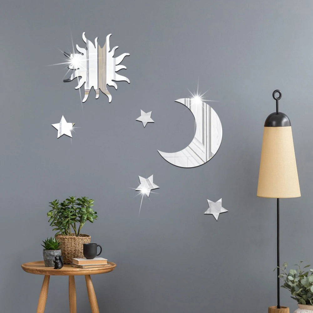 6PCS Star Moon Combination Mirror Acrylic Stereo Self Adhesive Diy Bedroom Living Room Can Be Removed Wall Stickers Qme