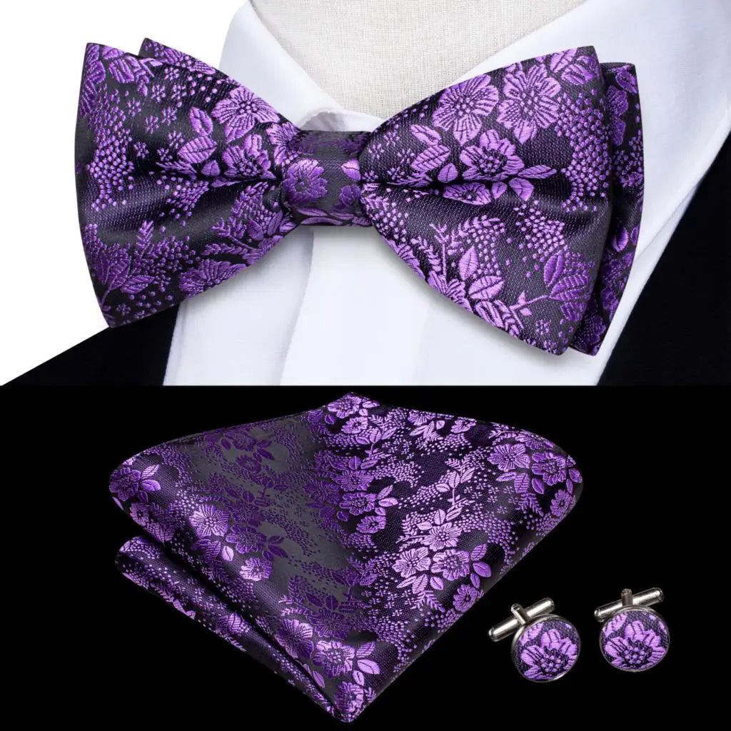 Purple Lilac Lavender Pansy Violet Silk Mens Bow Tie Hanky Cuffs Set Pre-tied Butterfly Knot Bowtie for Male Wedding Business Qme LDLH2540