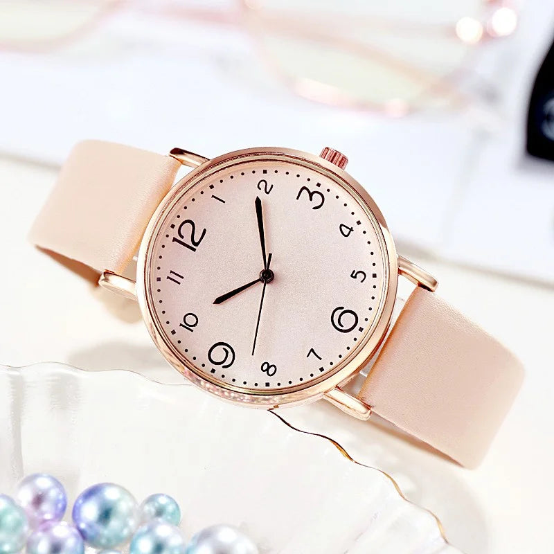 Dainty Simple Ladies Daily Wristwatch, Textured Cream Dial Thin Pink Leather Band Casual Quartz Watch for Student Office Qme