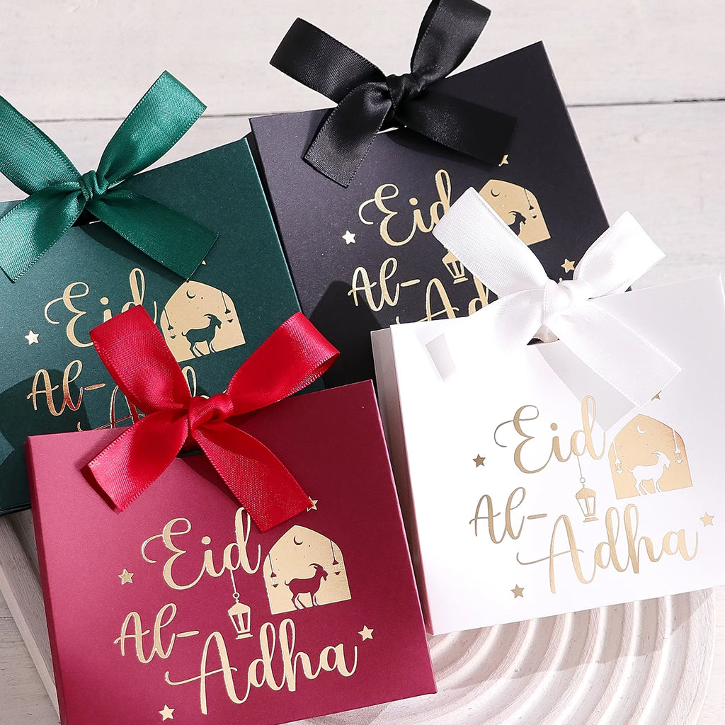 5 Eid Al-Adha Gift Boxes, Beautiful Sheep and Calligraphy Text Design, Pastel Colors, Ribbon Handles, Perfect for Eid Al-Adha Pa Qme