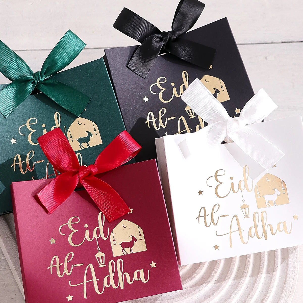 5 Eid Al-Adha Gift Boxes, Beautiful Sheep and Calligraphy Text Design, Pastel Colors, Ribbon Handles, Perfect for Eid Al-Adha Pa Qme