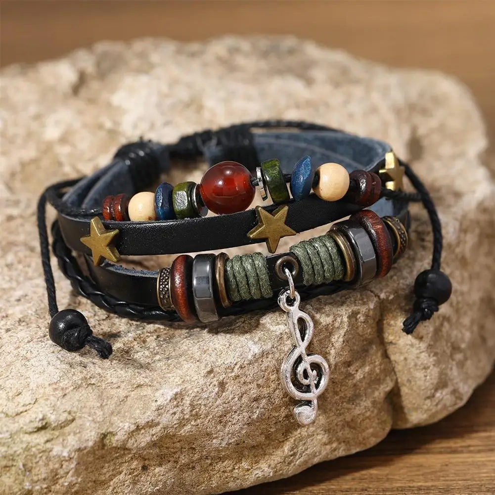 Handmade Hippie Design Brown Leather Bracelet Women Metal Star Note Charms Wood Button Beads Wrap Unisex Adjustable Bracelet Qme