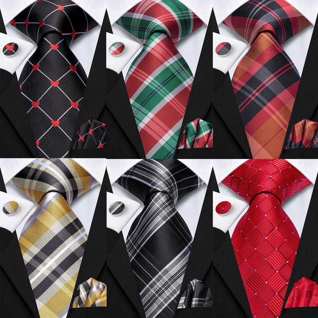 Hi-tie Black Red Heart Plaids Mens Fashion Necktie Handkerchief Qme