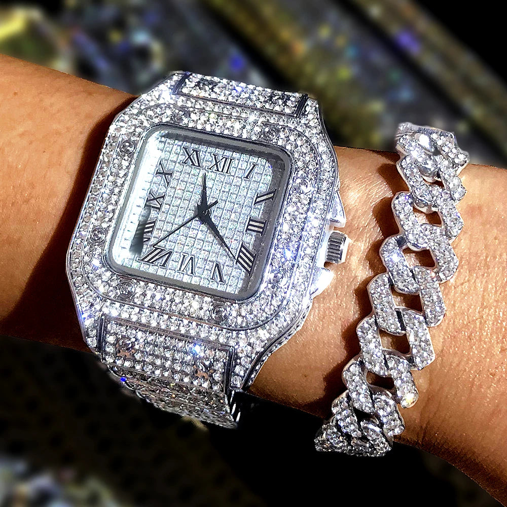 Luxury Moissanite Iced Out Watches Hip Hop Bust Down Unisex Diamond Watch, Stainless Steel Moissanite Studded Wrist Watch Qme a set of-1