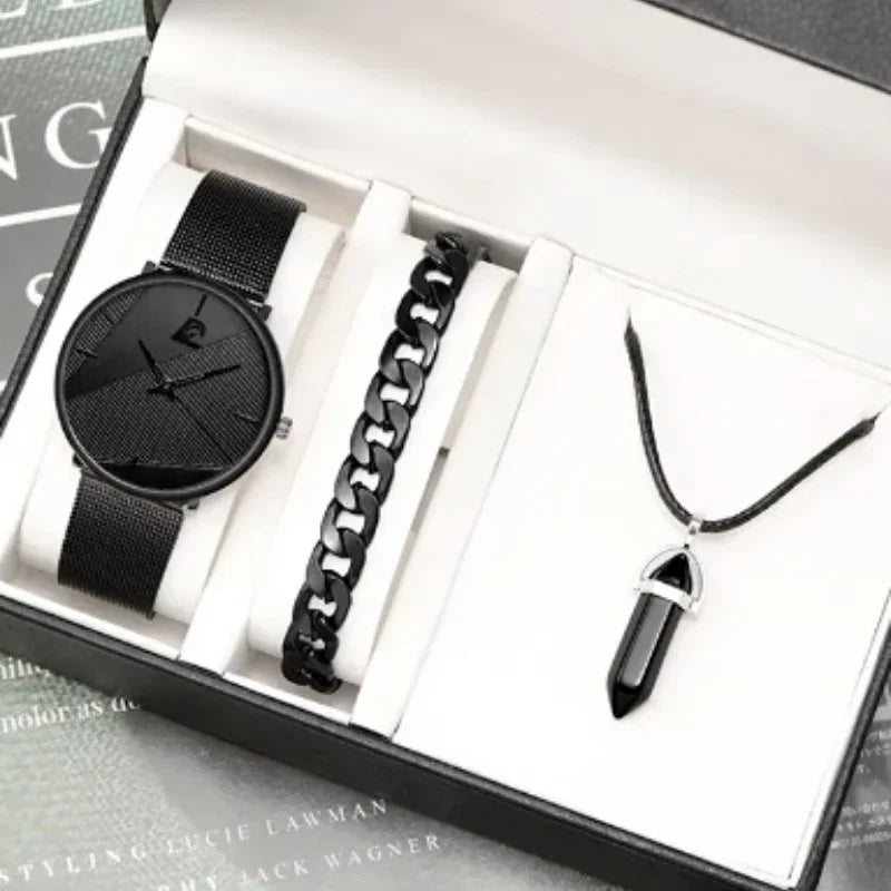 3PCS Set Minimalism Fashion Mens Watches Simple Men Business Mesh Belt Quartz Watch Male Casual Necklace Bracelet Wristwatch Qme Black set