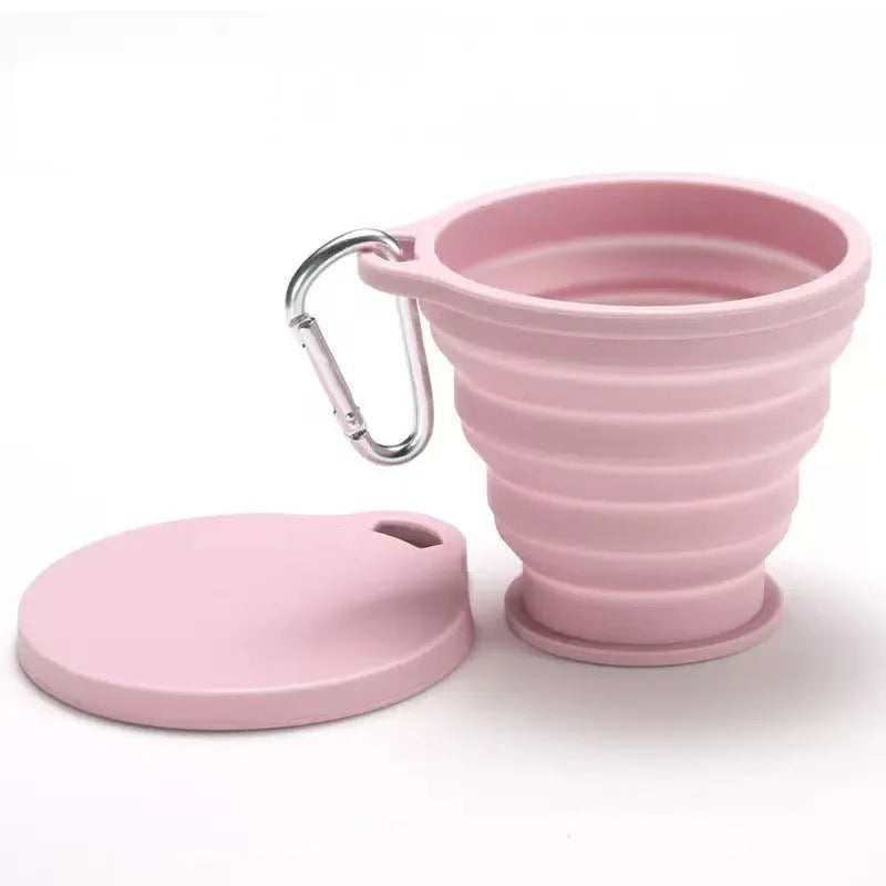Food Grade Silicone Foldable Drinking Cup,Lightweight Portable Mug With Cover & Carabiner For Camping Travel Sports Daily Use Qme pink